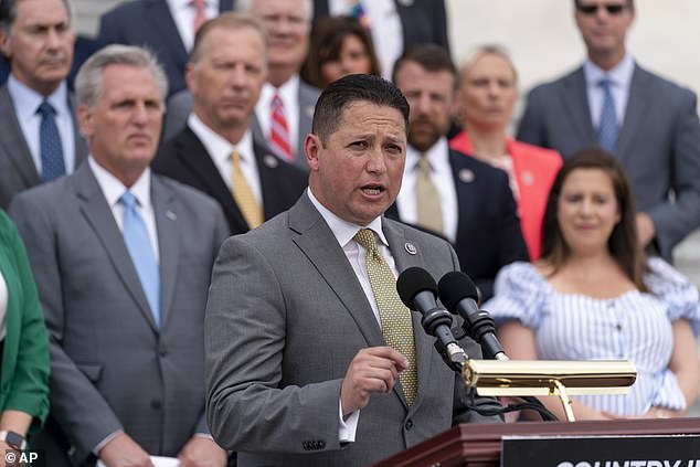 Rep. Tony Gonzales, R-Texas, center, speaking at a press conference on the steps of the Capitol in Washington, DC in July 2021.