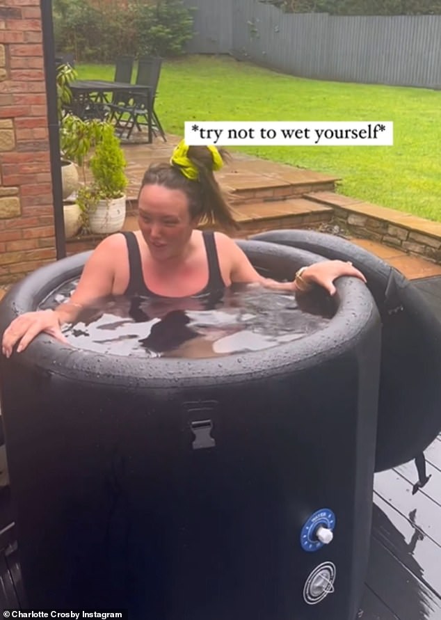 Charlotte Crosby, 33, suffered an embarrassing accident while screaming during her first ice bath in the pouring rain as her friend Adam Frisby filmed the clip for Instagram on Tuesday.