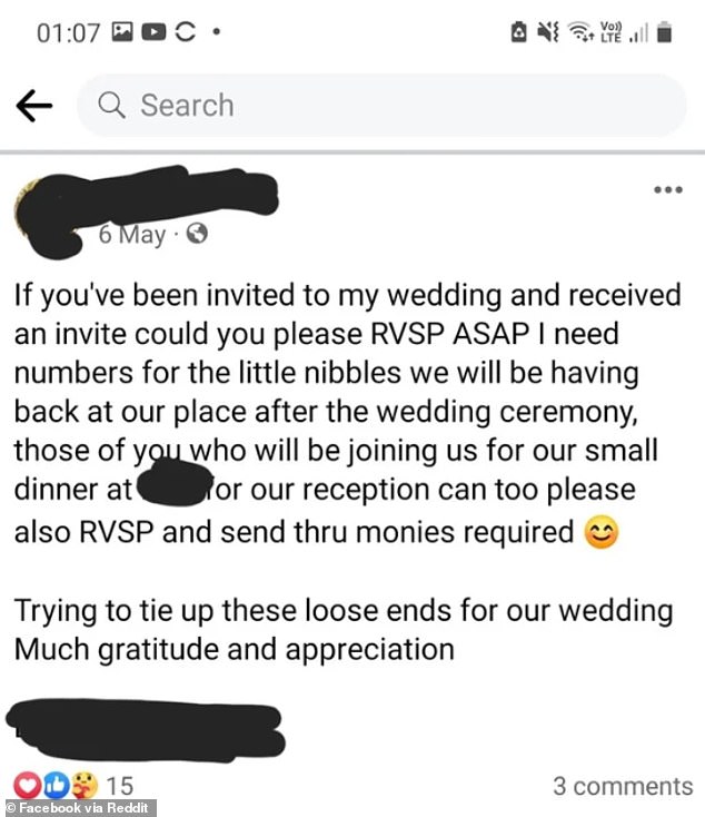 The bride-to-be can be seen here asking potential guests for money, much to the dismay of the Reddit community.
