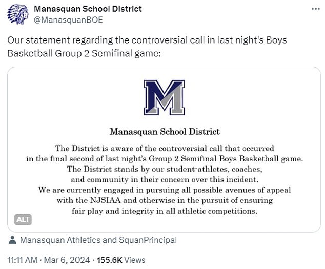 On Wednesday, Manasquan shared that he was considering legal action against the NJSIAA.