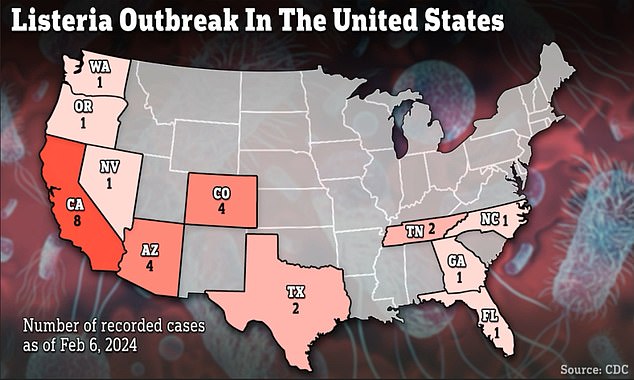 The map shows where the 26 people sick with listeria live. Since June 2014, 26 people have become ill with listeriosis due to contaminated products from California-based Rizo-Lopez Foods Inc..