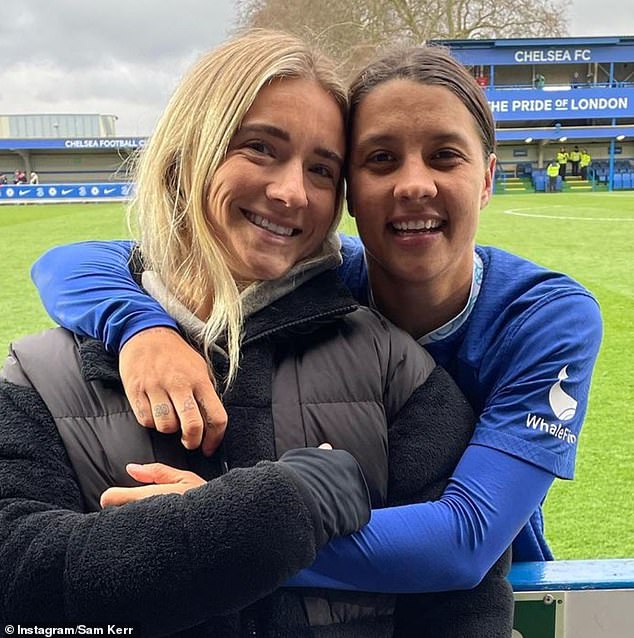 Kerr is pictured with his fiancee Kristie Mewis on the day he allegedly uttered the insult, celebrating after scoring an FA Cup hattrick for Chelsea.