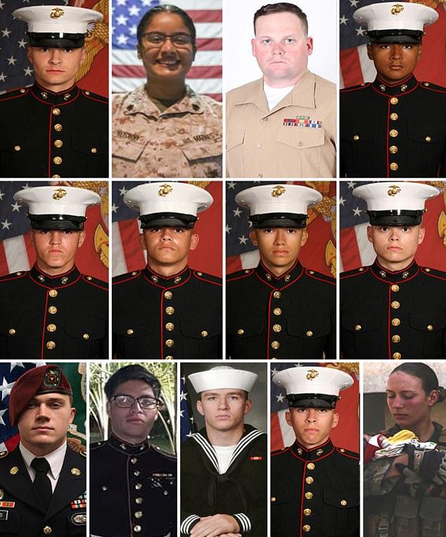 The Americans killed in the explosion were: (from left to right, starting with the top row) Cpl. Daegan W. Page – Sgt. Johanny Rosario Pichardo - Sergeant. Darin T. Hoover - Lance Cpl. David L. Espinoza - Lance Cpl. Rylee J. McCollum - Lance Cpl. Kareem M. Nikoui - Corporal. Hunter Lopez - Lance Cpl. Jared M. Schmitz – Sgt. Ryan C. Knauss - Corporal. Humberto A. Sánchez - Navy Doctor Maxton W. Soviak - Lance Cpl. Dylan R. Merola – Sgt. Nicole L. Gee