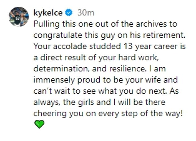 Kylie Kelce became the latest public figure to congratulate her husband Jason on his career.