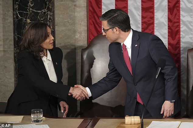 Vice President Kamala Harris shakes hands with House Speaker Mike Johnson at the end.