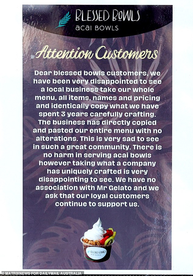 A sign taped to the window of Blessed Bowls (pictured) went viral on Thursday for claiming its carefully curated menu had been ripped off by Mr Gelato by Matteo.