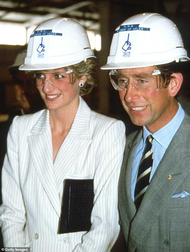 Prince Charles and Diana wear hard hats and goggles for a 1985 visit to Alcoa's aluminum smelter project in Geelong.