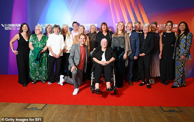 Members of the 1971 England women's football team at the premiere, including Jill Stockley, Val Cheshire, Janice Barton, Yvonne Farr, Marlene Collins, Paula Raynor, Trudy McCaffrey, Louise Cross and 1971 director Harry Batt's son Kieth Batt poses with producer Victoria. Gregory, Director Rachel Ramsay and Director James Erskine