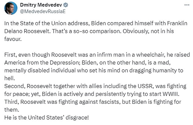 Medvedev accused Biden of trying to start World War III and chastised him for comparing himself to Roosevelt.