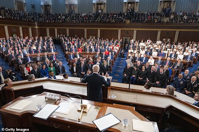 United States President Joe Biden delivers the annual State of the Union address to a joint session of Congress in the House of Representatives chamber in the Capital Building on March 7, 2024 in Washington, DC.