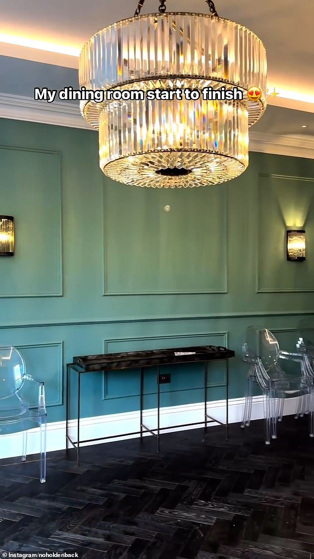 In the video, Amanda showed off the original design of her dining room (pictured), which originally featured green walls and perspex furniture.