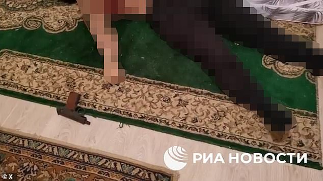 Dead terrorists were seen lying on the floor of their hideout after FSB agents broke in and foiled the alleged massacre plans.