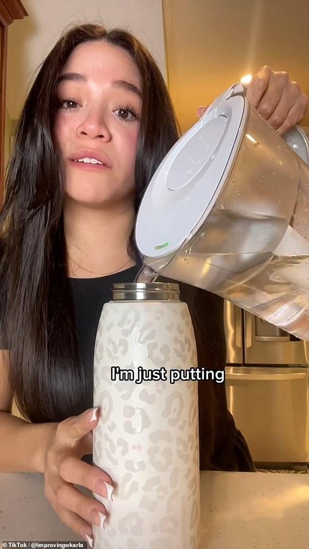 Karla shared images of herself pouring filtered water into her stainless steel bottle and said she drinks 64 ounces a day.