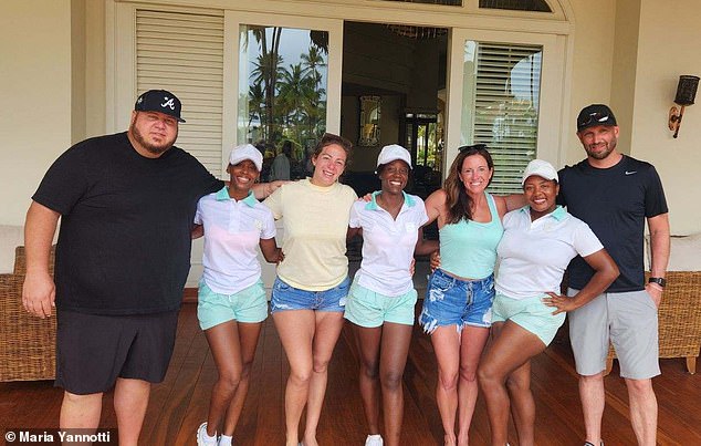 Smith, 41, and her boyfriend (right) joined close friends Maria Yannotti, 36 (third from left) and Clay Sharpe, 43 (left) for a five-night stay at the Iberostar Grand Bavaro all inclusive in Punta Cana. Dominican Republic