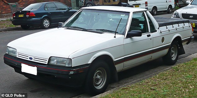 Mietus moved from Melbourne to Queensland in a white 1985 Ford Falcon ute (pictured), picking up a hitchhiker along the way in western New South Wales.