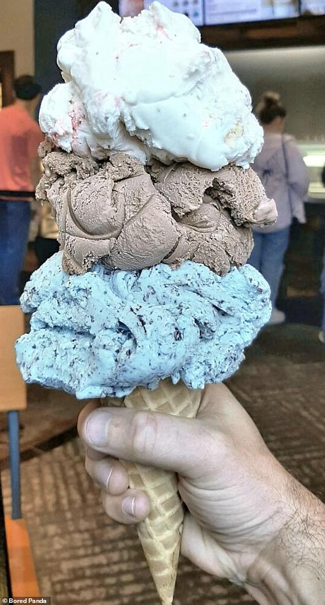 MEGA ORDER: Meanwhile, someone else ordered a medium ice cream cone and was given this huge gift - the large cone apparently has one more scoop!
