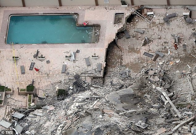 A close-up of the debris taken on June 24, 2021, just hours after the collapse, shows how part of the pool deck had given way and crumbled.