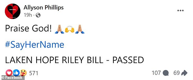 The Laken Riley Act passed the House on Thursday in a 251-170 vote, which would require ICE to detain illegal immigrants accused of theft or theft. His mother responded to the passage: 'Praise God!'