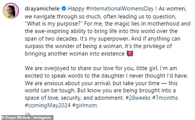 In the caption, she wrote: 'Happy #InternationalWomensDay! As women, we go through a lot, which often leads us to ask ourselves: What is my purpose? For me, the magic lies in motherhood and the impressive ability to bring life into this world over two decades. It's my superpower