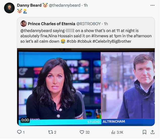 Danny saw the funny side when he took to Twitter to repost another tweet mocking ITV news reporter Nina Hossain, who was forced to apologize on Friday after mistakenly calling Jeremy Hunt Jeremy C**t during the lunch news.