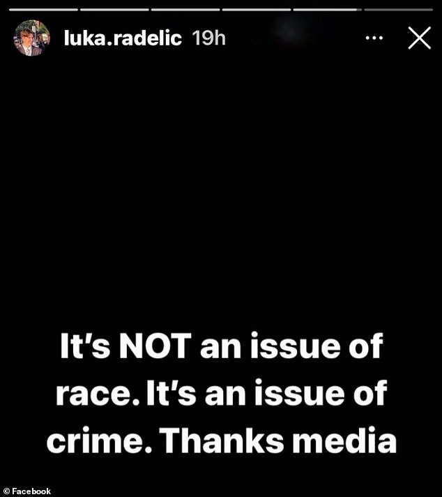Luka Radelic defended his father's actions on social media, saying the incident was due to a crime, rather than an issue of race.