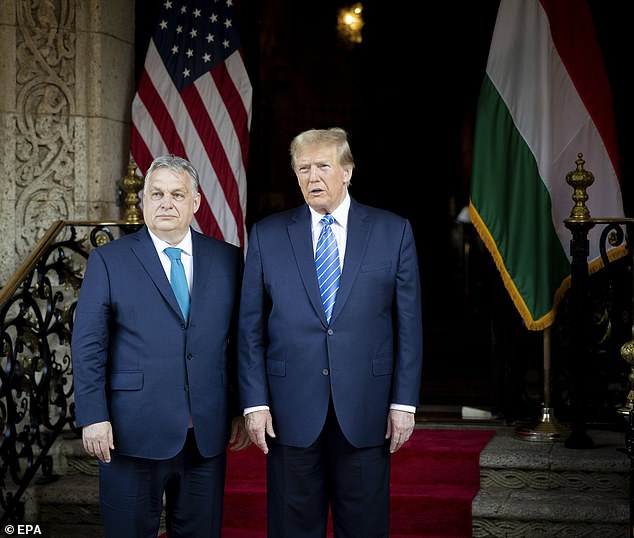 Former President Trump and Hungarian Prime Minister Viktor Orban pose for photos at Trump's Mar-a-Lago estate in Palm Beach, Florida, on Friday night.