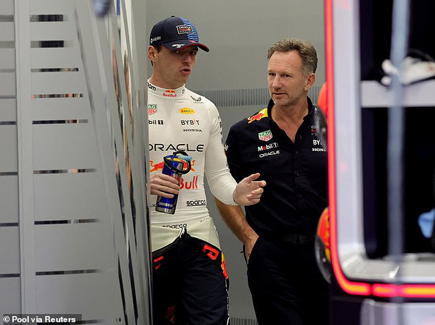 The woman gained the backing of former Grand Prix ace Verstappen Sr, 52, who is the father of current world champion Max Verstappen (left, pictured with Horner).
