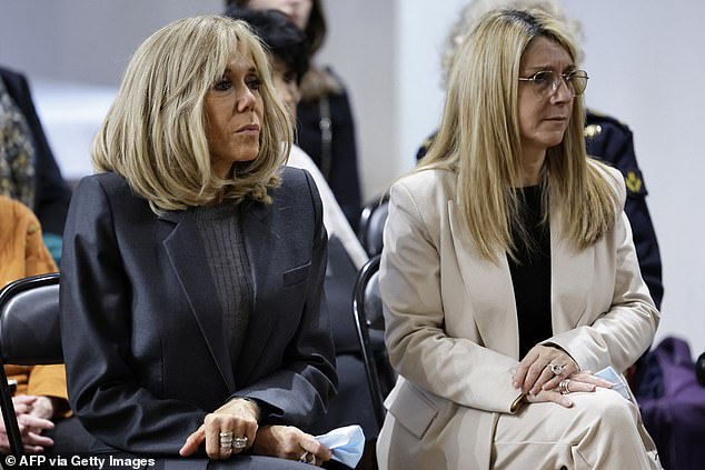 The French president's wife (left), Brigitte Macron, and France's Secretary of State for Veterans and Remembrance, Patricia Miralles, attend a visit to the national Invalids Institution on February 29.