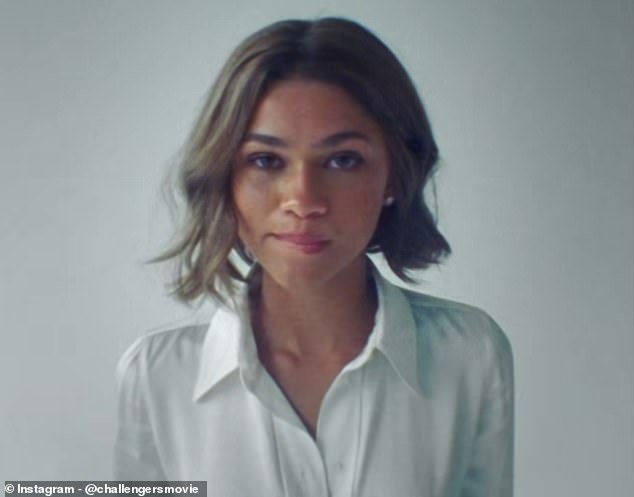 In a close-up, Zendaya debuted a blunt bob and seductively bit her lip wearing an elegant white shirt.