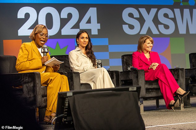 Panellists (pictured left to right) Errin Haines, Meghan, Duchess of Sussex and Katie Couric speak during the festival's keynote address.