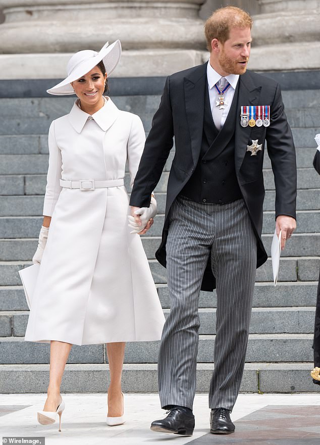 Meghan, Duchess of Sussex and Prince Harry, Duke of Sussex attend the National Service of Thanksgiving at St Paul's Cathedral on June 3, 2022 in London, England