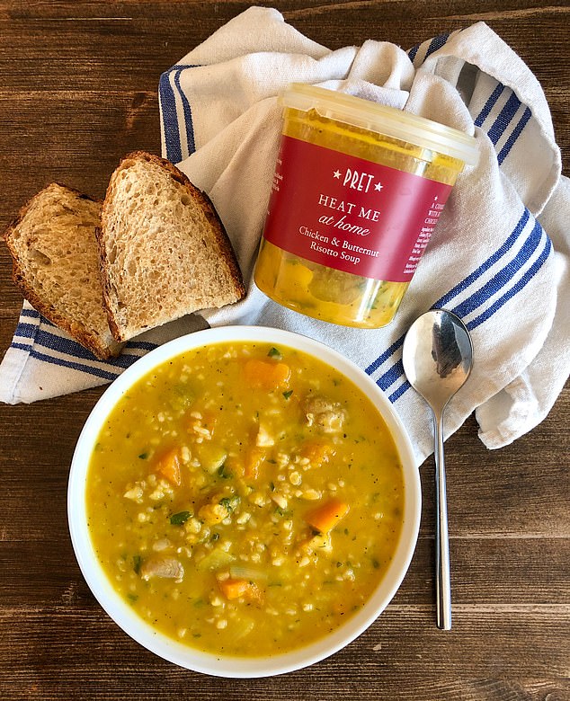 Veggie Pret's remaining stores will begin selling meat products like this Chicken and Walnut Risotto Soup at the end of the month.