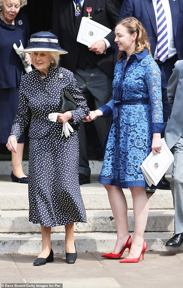 Princess Alexandra and Zenouska Mowatt, Marina's daughter, leave Westminster Abbey following Lady Elizabeth Shakerley's 2022 celebration service.