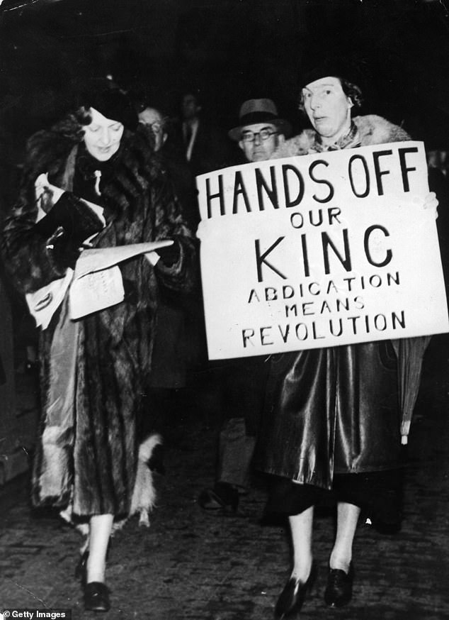 The news of Mrs. Simpson's friendship with the King was not well received by the public.  Here, demonstrators protest against the impending abdication.
