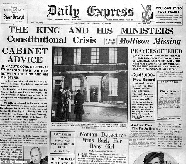 The front page of Beaverbrook's Daily Express with a lead article on the abdication of King Edward VIII.