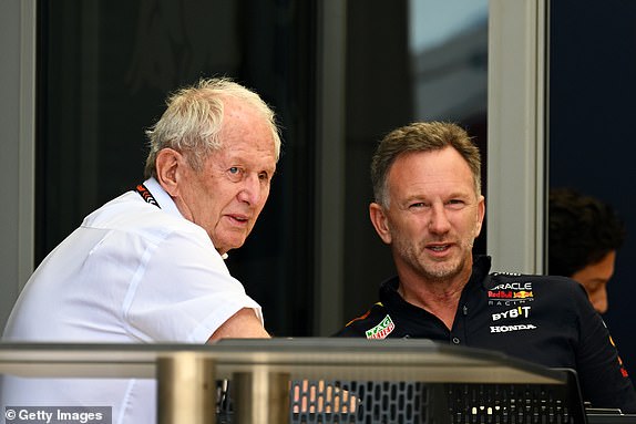 BAHRAIN, BAHRAIN - FEBRUARY 29: Oracle Red Bull Racing Team Principal Christian Horner and Oracle Red Bull Racing Team Consultant Dr. Helmut Marko talk in the Paddock before practice ahead of the F1 Grand Prix of Bahrain at the Bahrain International Circuit on February 29, 2024 in Bahrain, Bahrain.  (Photo by Clive Mason/Getty Images)
