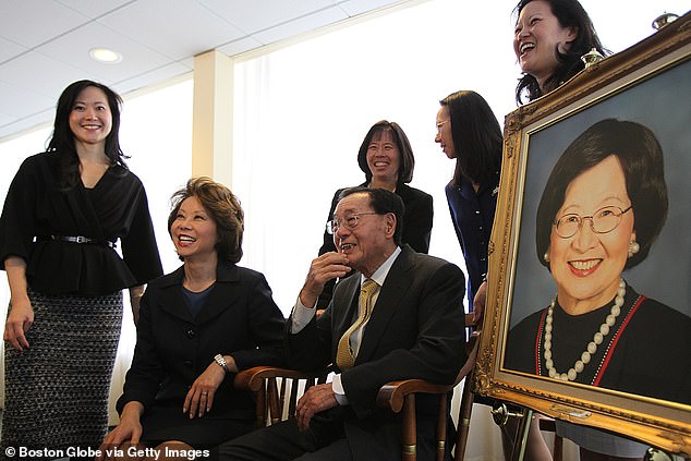The Chao Family: On the far left is Angela, who died in the car accident.  In the back row are her sisters Christine, May and Grace.  Sitting next to her father James SC Chao is Elaine Chao.  James SC Chao sits next to the portrait of his late wife