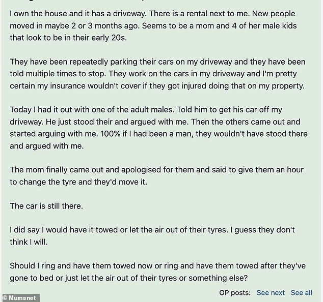 On the British parenting platform Mumsnet, the woman explained that she had asked them to take the car, but instead they argued with her.