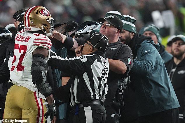 He tried to lay a hand on the 49ers star after the player body slammed Eagles wideout Devonta Adams out of bounce