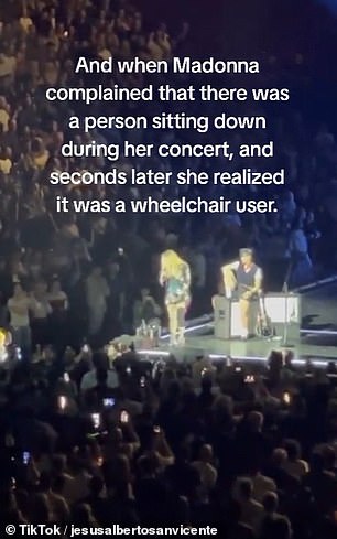 As she walked to the edge of the stage and approached the audience, Madonna realized the fan was in a wheelchair