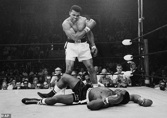 Muhammed Ali, then called Cassius Clay, threw a short right to the jaw to knock down Sonny Liston.