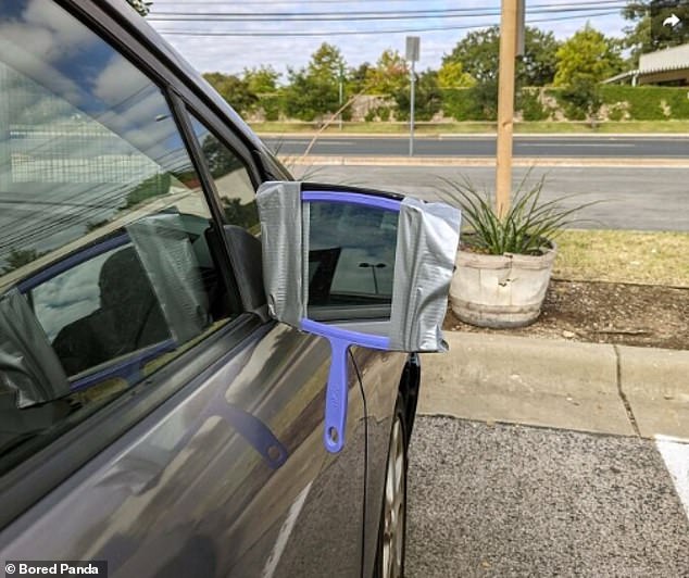 One brave person thought it would be wise to replace his car's broken side mirror, not with a new part, but with a hand mirror held together with duct tape.