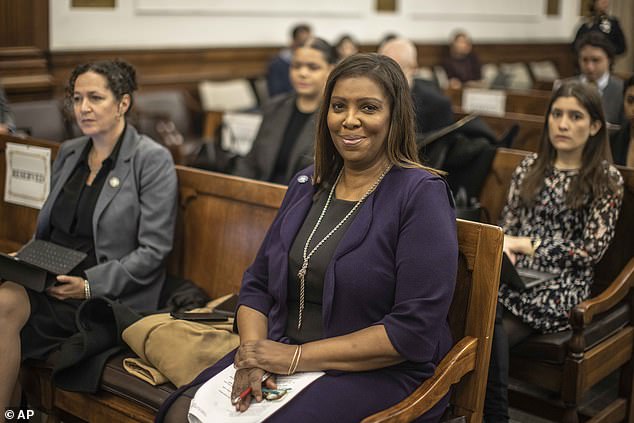 New York Attorney General Letitia James is seen smiling in court during Trump's trial in November 2023.