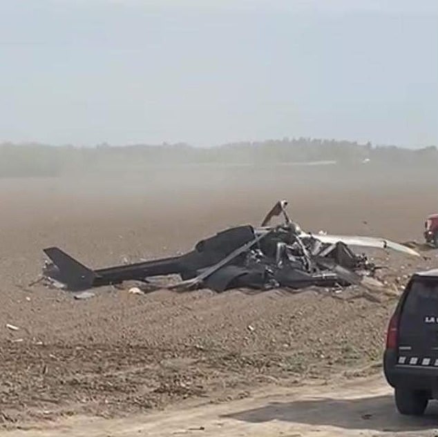 The helicopter can be seen in ruins after falling in fields near the border.