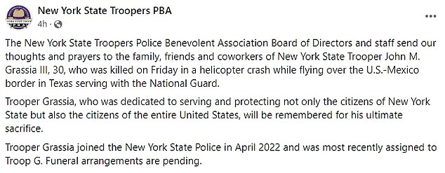 The New York State Police PBA also issued a statement regarding Grassia's death.