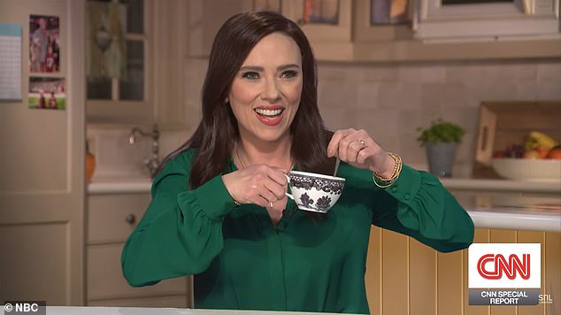 Johansson's sketch saw her alluding to the film's 'Get Out' pun, while Johansson could be seen stirring a cup of tea with a spoon.