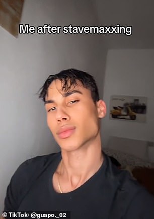 A video posted by @guapo._02, who has more than 9,900 followers, also shows him clenching his jaw to show off his facial structure with the caption 'me after starvemaxxing'