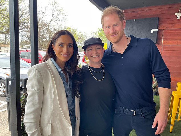 Prince Harry and Meghan Markle with the owner of La Barbecue (pictured, center), which they visited before Meghan appeared on the SXSW panel.