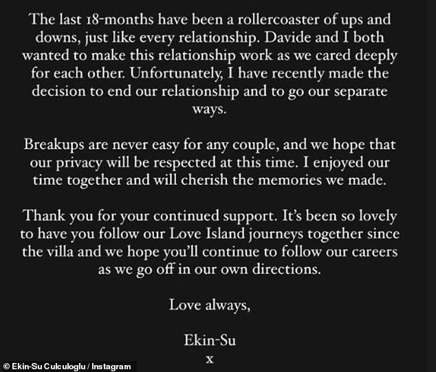 Ekin-Su's statement about their split read: 'The last 18 months have been a rollercoaster of ups and downs, like any relationship'