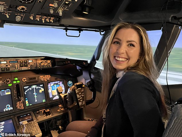 She pictured in a simulator on a jet guidance training course at Gatwick in 2022